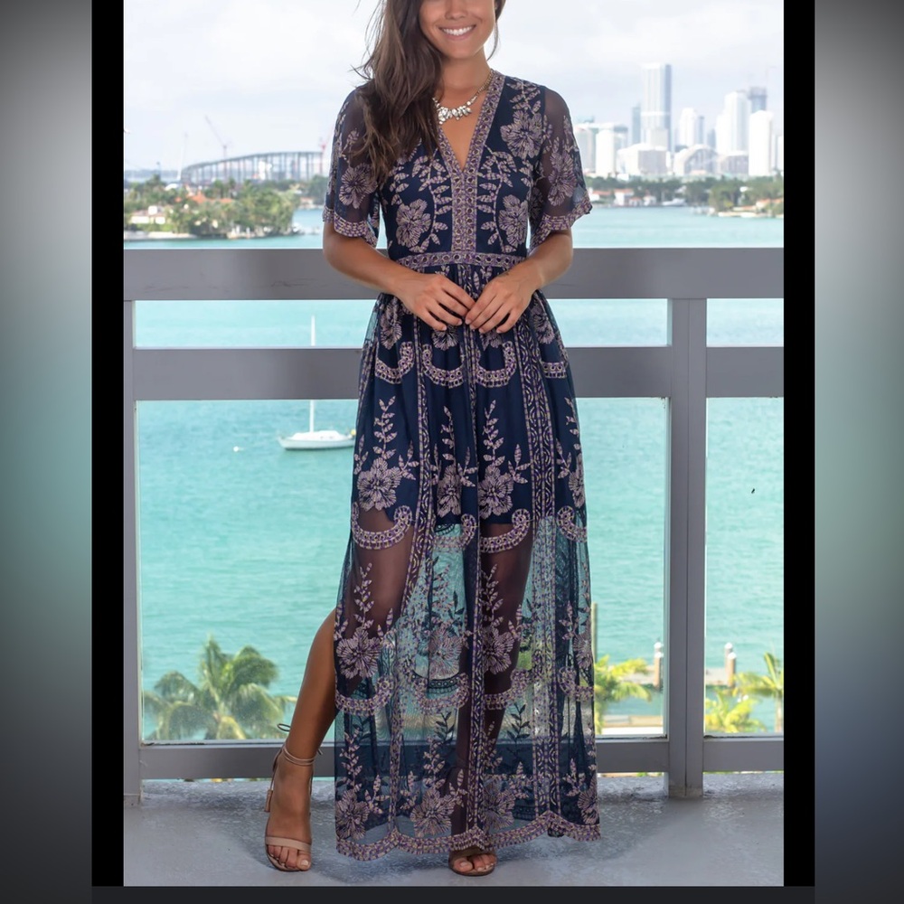 Wild Honey Altar’d State Navy and Purple Floral Dress. Size Small.